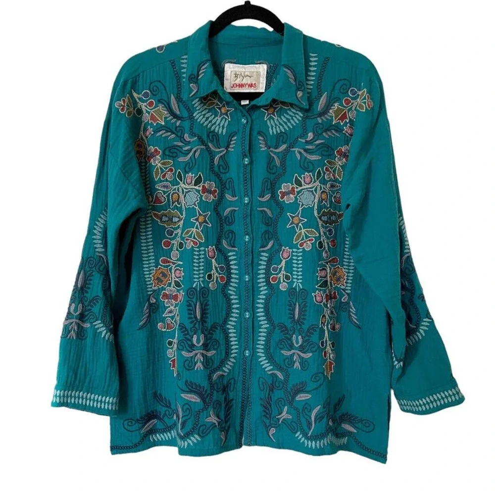 Johnny Was NWOT Merrick Embroidered Button Down Shirt Gauze Tunic Teal Green - Picture 1 of 8